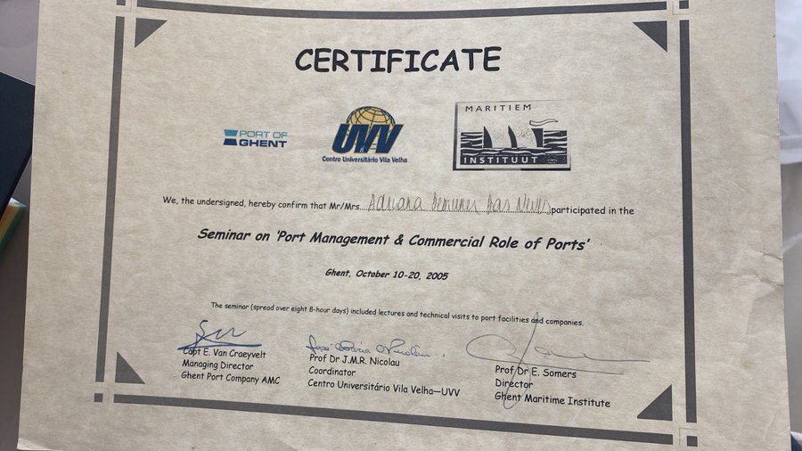 Certificado do Seminar on Port Management and Commercial Role of Ports